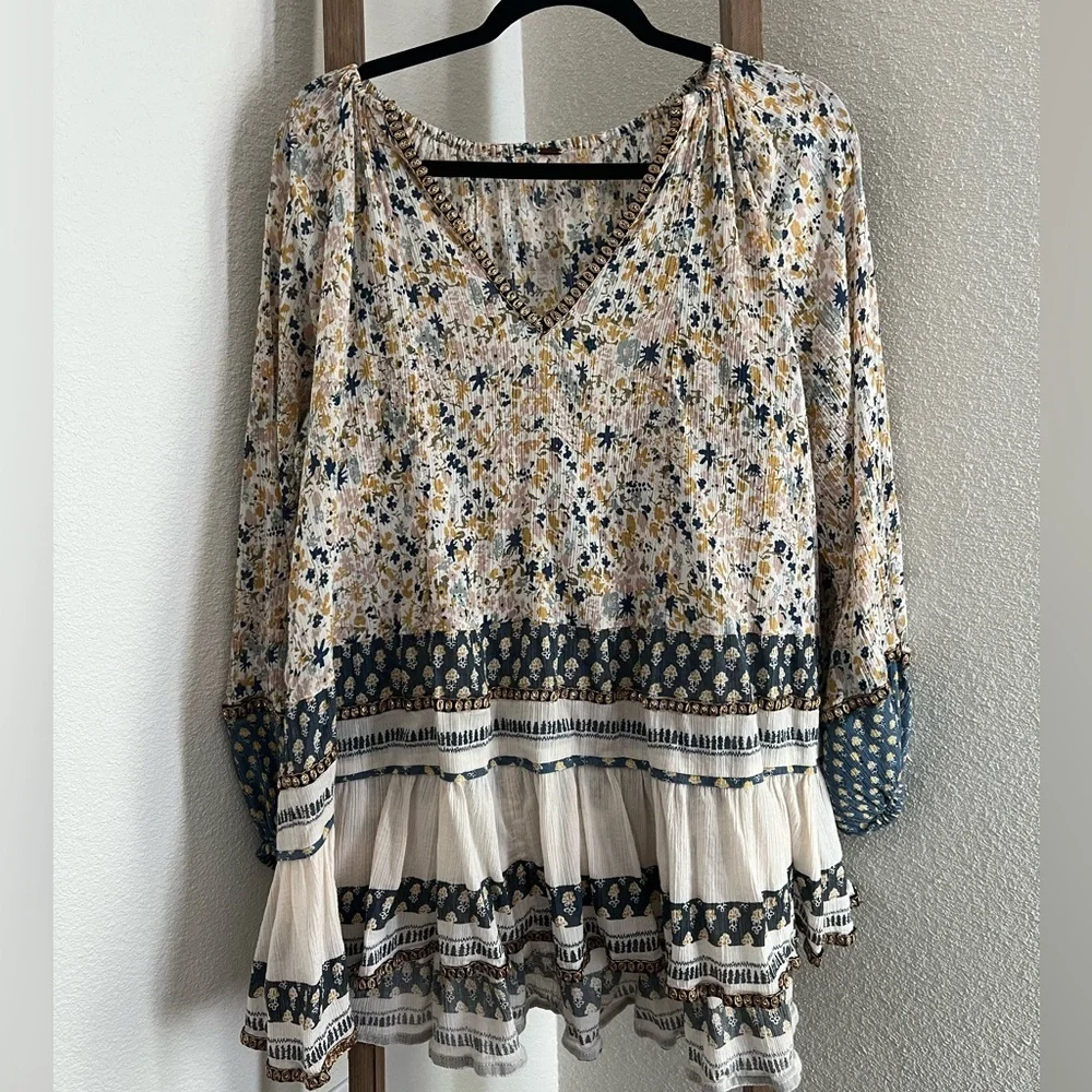 Free People Gardenia Ivory Combo Floral Tunic Top Mini Dress - S